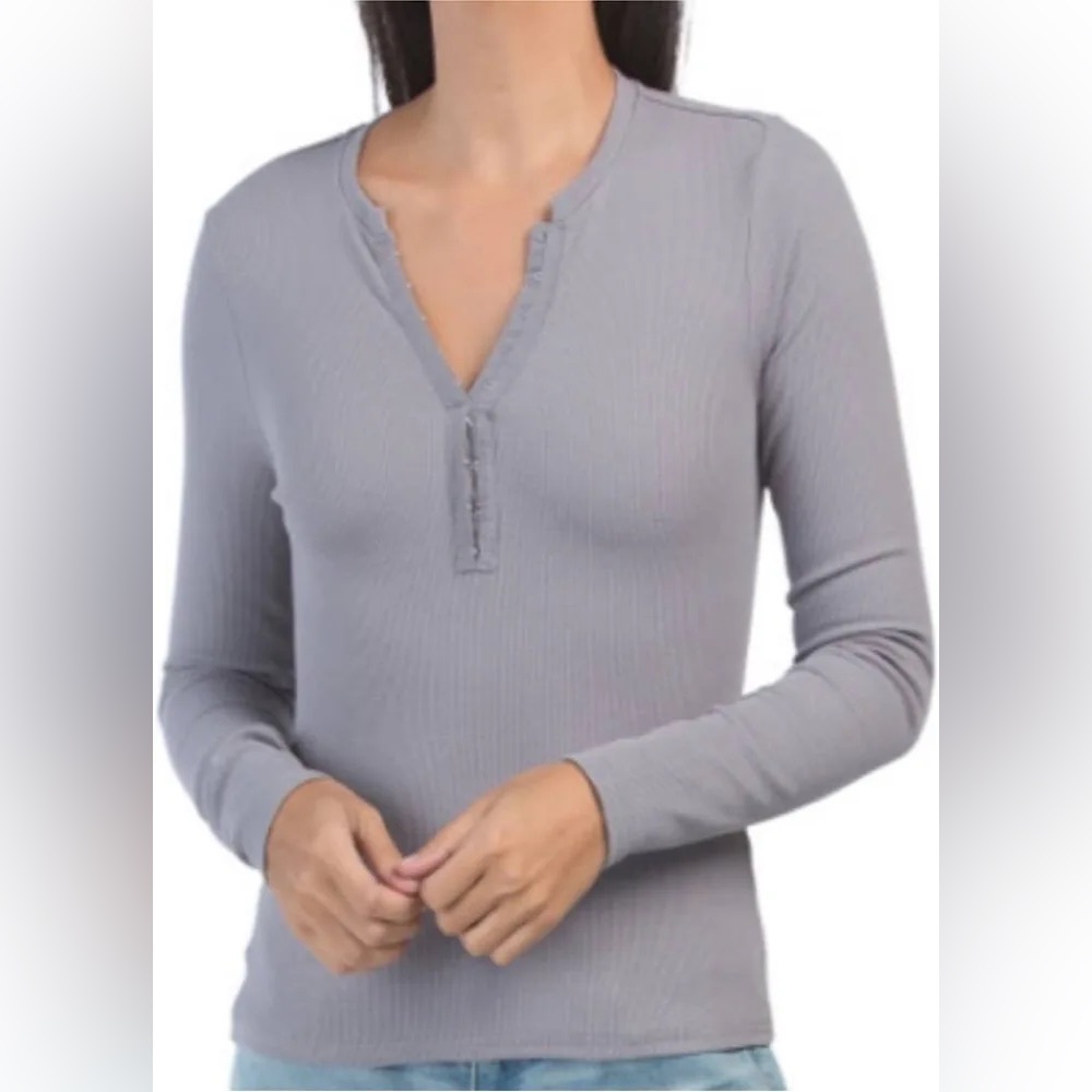 *7 FOR ALL MANKIND* Light Gray Fitted Long Sleeve Stretch Henley Top Size Medium